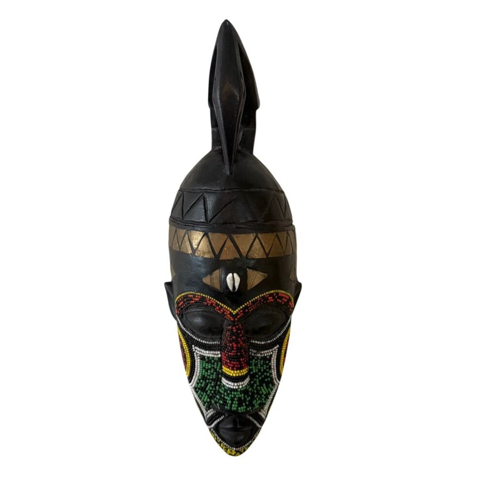 Hand Carved African Beaded Wood Mask | Cowrie Shell Detail | 14” Tribal Wall Mas